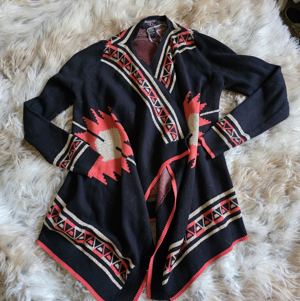 Black Aztec Pattern Women’s Sweater with Orange and Gold Accents